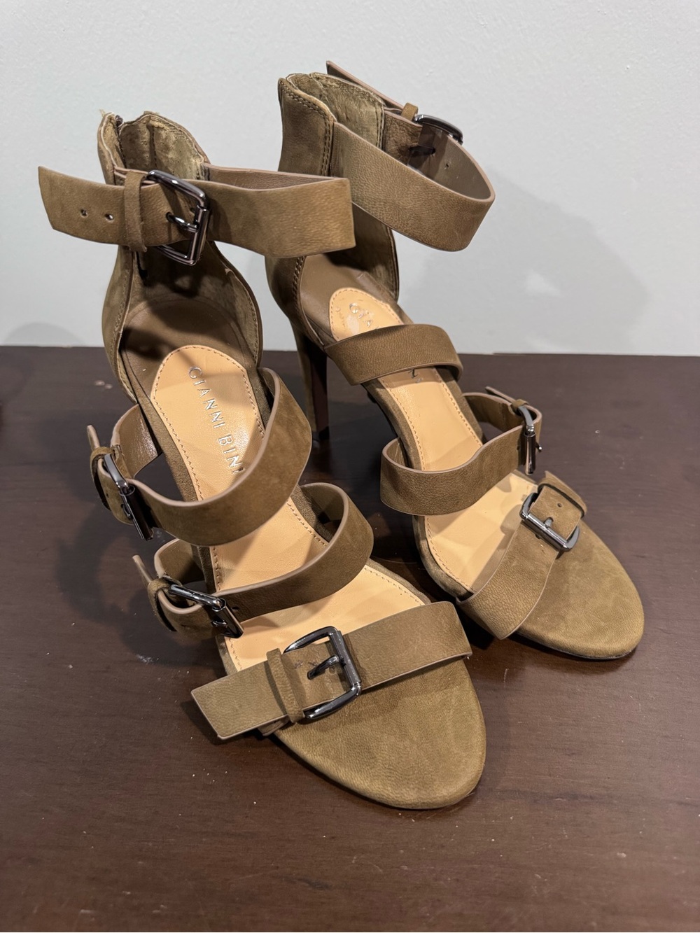 Gianni Bini Olive Green Strappy Buckle High Heel Sandals